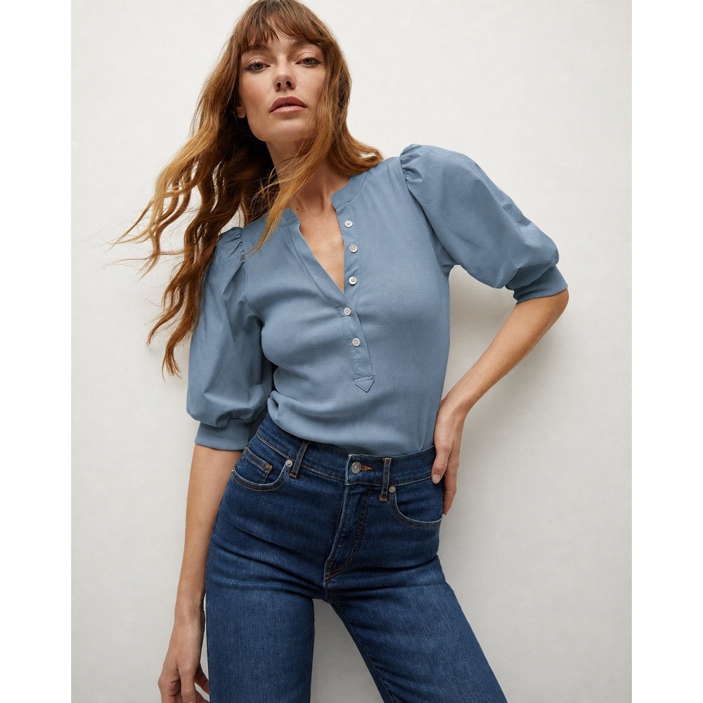 Veronica Beard Coralee Puff Sleeve Ribbed Henley Top Steel Blue S NWOT